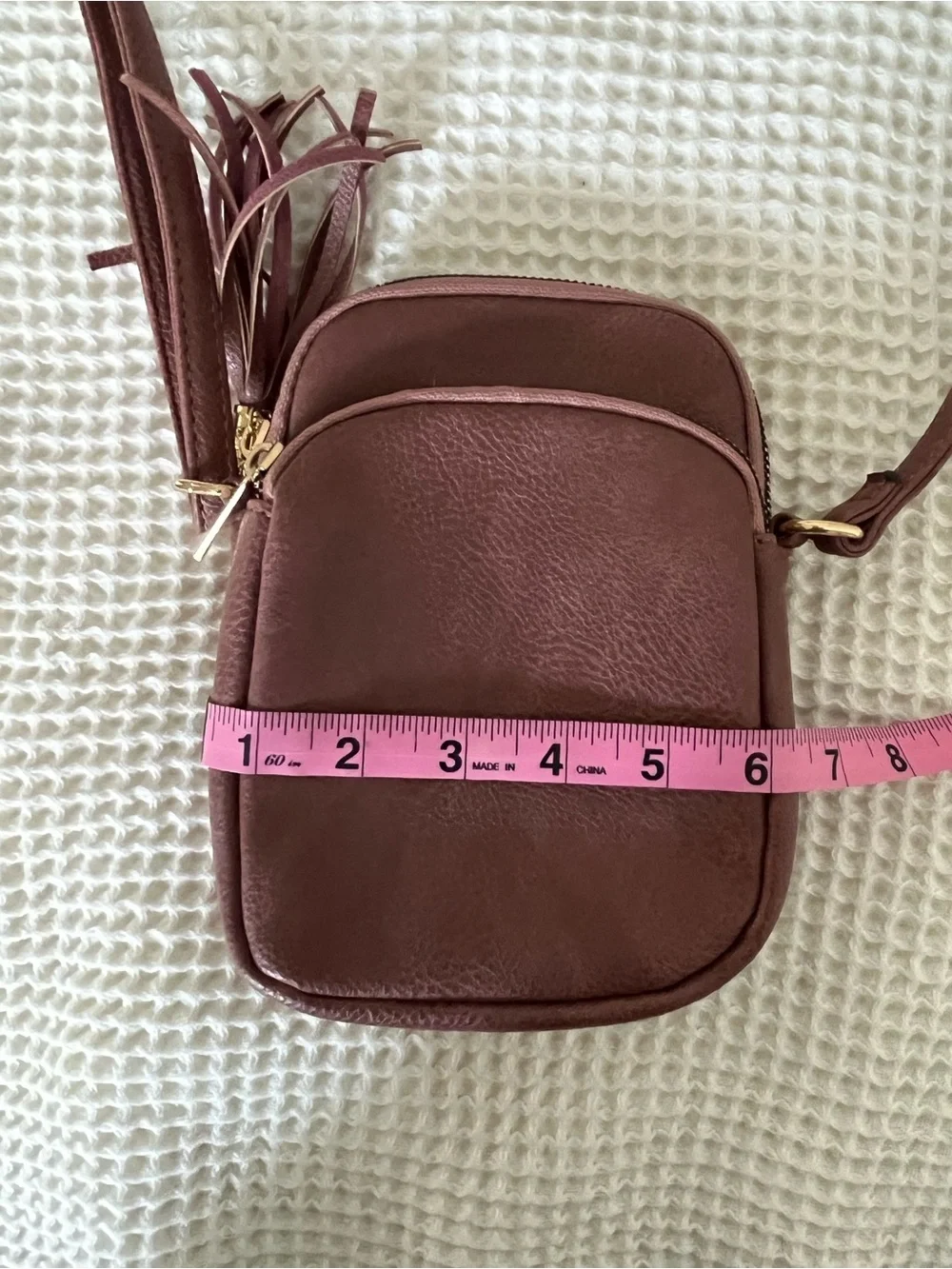 Mini Crossbody Bag in Mauve Pink - Compact Tassel Shoulder Purse